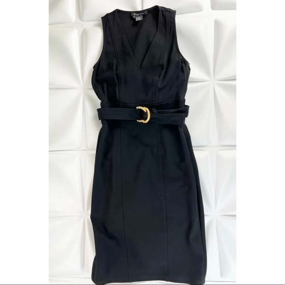 Etcetera Sz 2 Black Ponte Knit Sheath Midi xs Bamboo Belted Dress Pencil - Picture 1 of 8